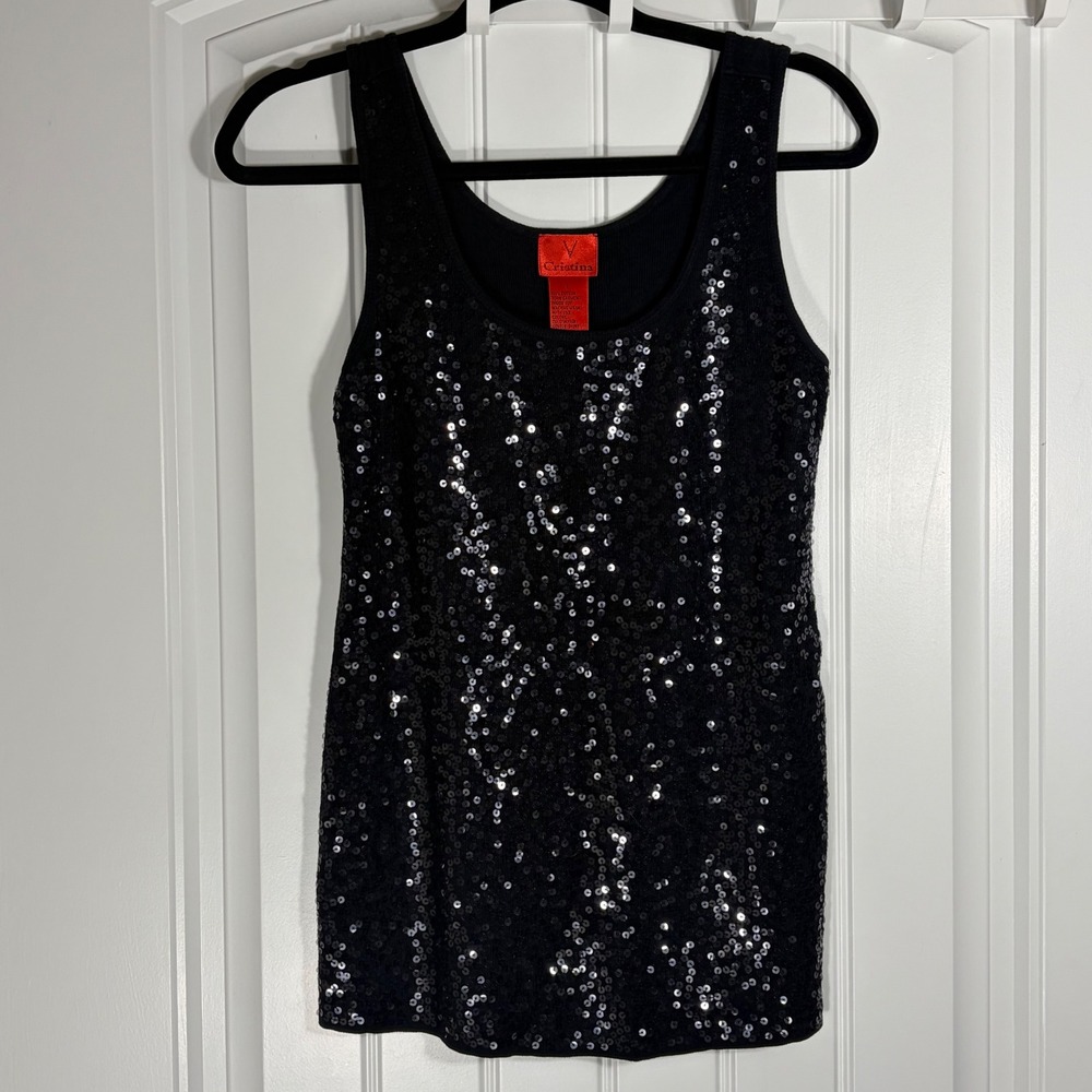 Cristina Black Sequin Tank Top Ribbed Cotton Sleeveless Scoop Neck Large